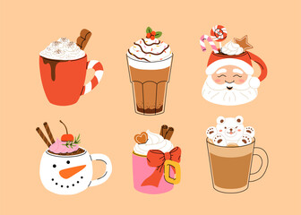 Christmas and Happy New Year set of drinks. Mugs and cups of hot coffee, punch, cacao with whipped cream, marshmallow and candy cane. Greeting card for Xmas, New year or winter holidays design.