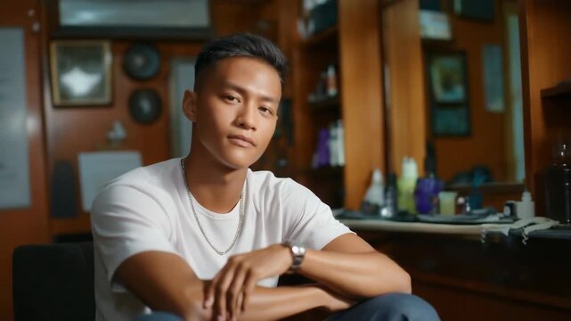 Young asian male relaxed in barbershop with white shirt and silver chain