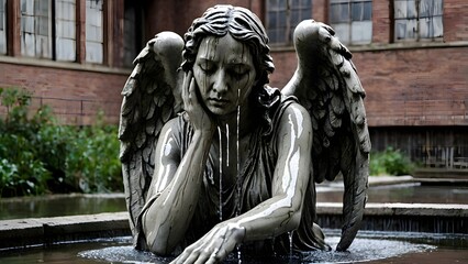 A weeping angel statue with water streaks resembling tears, set in an abandoned urban courtyard 2