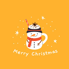 Christmas and Happy New Year greeting card. Mug and cup of hot coffee, punch, cacao with whipped cream, marshmallow and candy cane. Poster or cover design for Xmas, New year or winter holidays