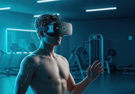 Modern man experiencing immersive VR workout in futuristic gym with glowing technology enhancing fitness routine and virtual reality training session