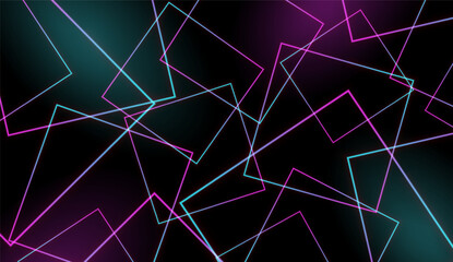 Background of glowing intersecting neon squares. 3D vector illustration isolated on dark background.