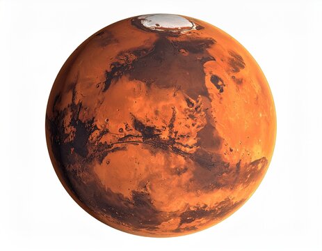 Red planet with polar ice cap against white