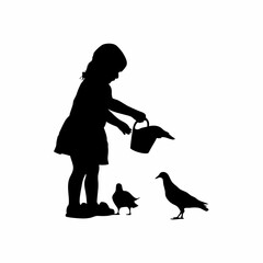 Silhouette of a girl feeding birds in a park isolated on white background