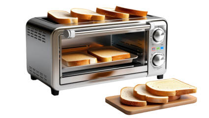 Shiny silver toaster oven, with bread slices inserted in the top slots, toasted bread inside, and a wooden cutting board holding bread slices in the foreground, presenting a breakfast or meal...