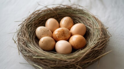 A birds nest filled with speckled eggs sits on a white surface, symbolizing new life and the beauty of nature isolated on white background