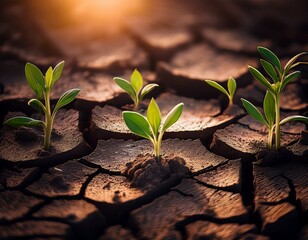 Hope Blooms: Small Seedlings Emerge from Cracked Earth, a Testament to Resilience and the Power of Life.