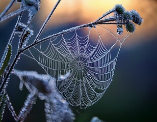 Intricate Spiderweb Covered in Dewdrops Hangs from Frosty Thistle Against a Soft, Blurry Sunrise Background