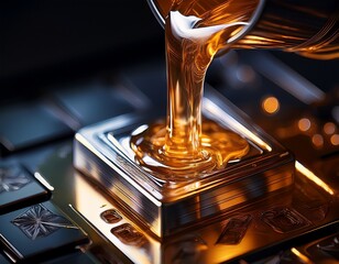 Liquid Gold Pouring Onto Metallic Structure: A Mesmerizing Display of Fluidity and Metallic Sheen, Revealing Intricate Surface Details
