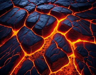 Volcanic Fury: An Aerial View of Molten Lava Flowing Between Cooled, Cracked Rock Formations, Revealing Nature's Raw Power