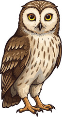 Realistic owl illustration, detailed feathers, wildlife bird, yellow eyes, nocturnal animal, nature art, forest creature, predator, perched owl, educational use