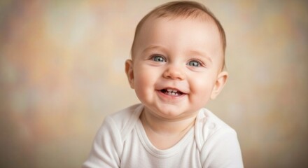 Sweet blue-eyed baby in white smiles widely, showing tiny bottom teeth, on soft background