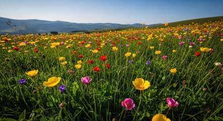 Fototapeta premium Sunny alpine meadow filled with colorful wild blossoms, green grass, distant mountains
