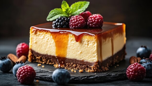 Cheesecake square with berries, caramel drizzle