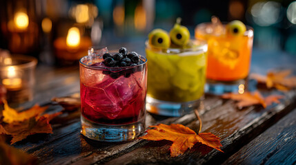 Halloween cocktails on a wooden table with fall leaves and candle background