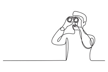 Continuous single line drawing of man holding binocular vector illustration. one line Icon drawing with white background