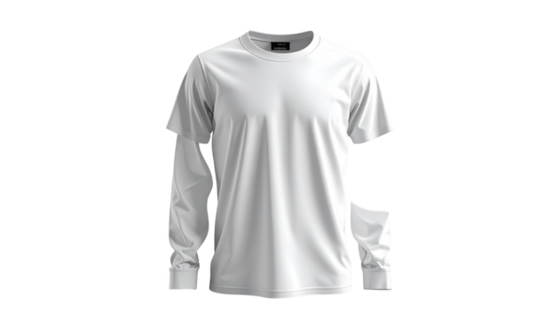 Displayed against a stark black background, a double-layered garment illustrates the layering of a short-sleeved tee with a long-sleeved undershirt, creating a seamless design and a visual play of...