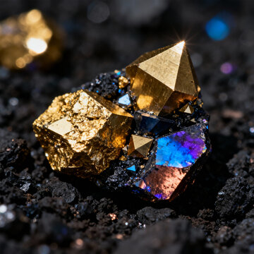 Close up shot of pyrite cubes and iridescent bornite on a dark background with bokeh effect
