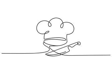 Chef hat continuous one line drawing. Chef hat or cap with knife for restaurant vector illustration. one line Icon drawing with white background