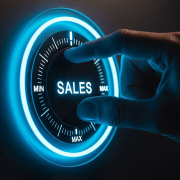 Finger pressing a glowing blue dial with the word sales illuminated