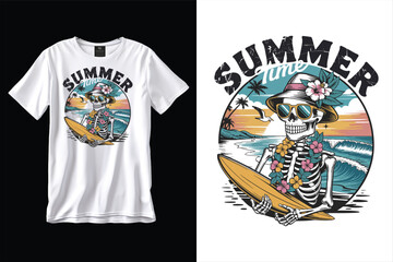Skeleton Surfer Riding Waves Summer Vibes Beach Scene T Shirt Design