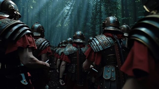 Cinematic shot of Roman legionaries in authentic Lorica Segmentata, marching in testudo formation through a misty Teutoburg Forest. Shafts of sunlight pierce the canopy, creating a tense, historically