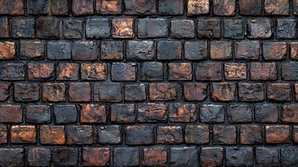 Obraz premium Textured close-up of a weathered, dark, old brick wall with uneven rough surfaces
