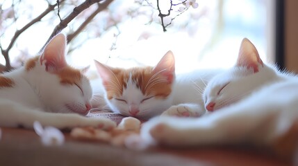 Three Adorable Kittens Sleeping Under Cherry Blossoms