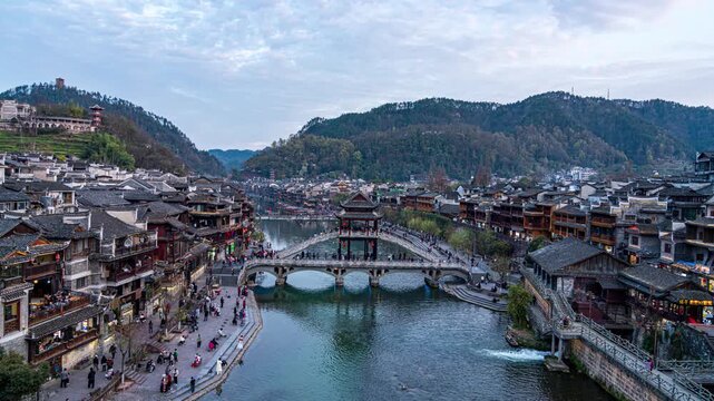 Fenghuang Ancient Town Bridge Over Tuojiang River Xiangxi China Panoramic View With Tourists