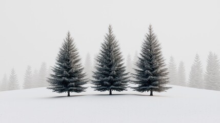 Obraz premium Three frosted evergreen trees stand centered on a snowy, undulating winter landscape, misty