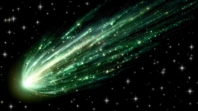 Spectacular green comet with bright tail hurtling through the star-filled space