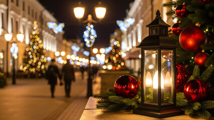 a festive street scene at night.