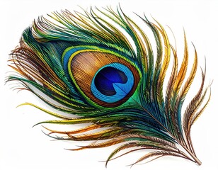 Obraz premium Iridescent peacock feather with eye on white background