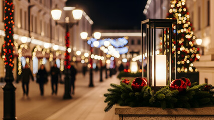 a festive street scene at night.