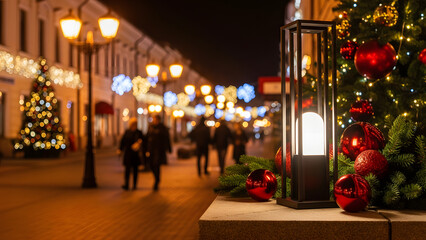 a festive street scene at night.