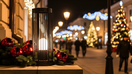 a festive street scene at night.