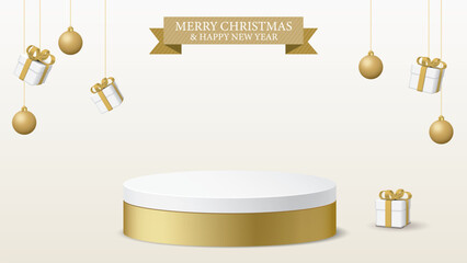 3D blank podium display have Christmas balls and gift boxes hanging around with Merry Christmas and Happy New Year calligraphy in golden ribbon