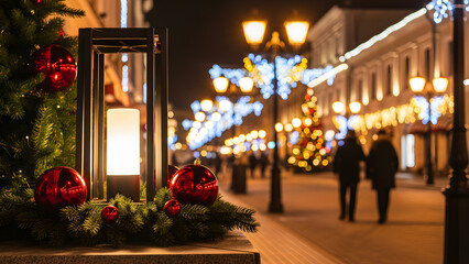 a festive street scene at night.