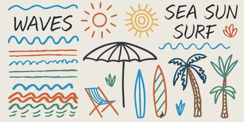 Obraz premium Hand drawn doodle elements for beach vacation and summer fun with waves sun surf and palm trees