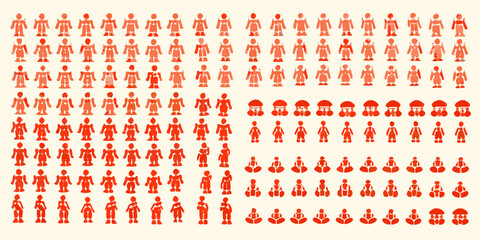 Collection of stylized red human figures in various poses and outfits against a light background