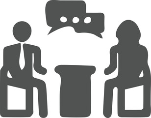 Business Meeting Icon Two People Conversing at a Table with Speech Bubbles Symbolizing Communication and Teamwork in Professional Settings