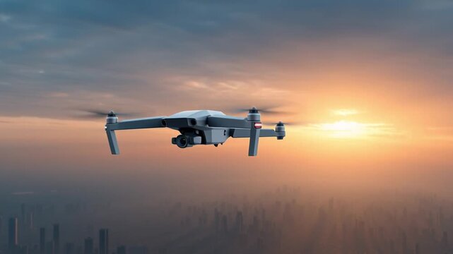A quadcopter drone steadily moves forward across the sky, rising against warm sunset light while hovering smoothly over the distant urban skyline