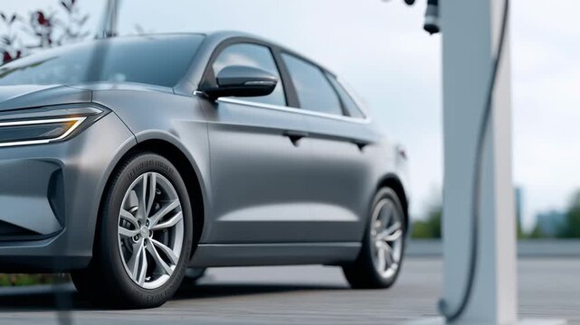 A silver electric car remains stationary at curbside while sunlight reflects on its smooth body, captured from different angles showing wheels and side panels