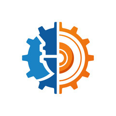 Blue and orange gear design split in half on transparent background