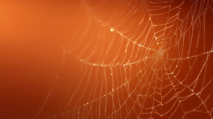 A close up of a spiderweb with dew drops against an orange background