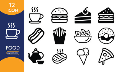 Collection of twelve simple black and white food icons representing various popular fast food and dessert items on a white background