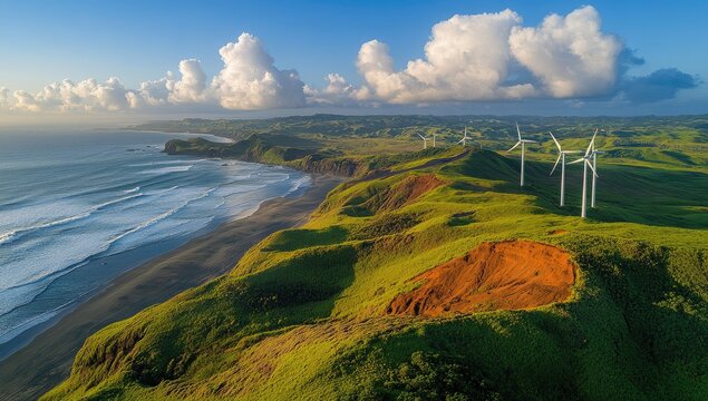 Coastal wind farm on cliffs; waves, green fields, blue sky