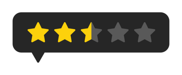 Two and a half star rating icon in chat bubble, below average review score symbol for feedback evaluation, PNG with transparent background
