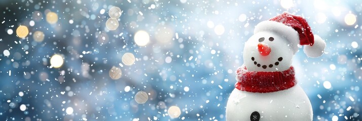 Snowman wearing a red hat and scarf stands in falling snow with a blurred winter background during the festive season. Copy space
