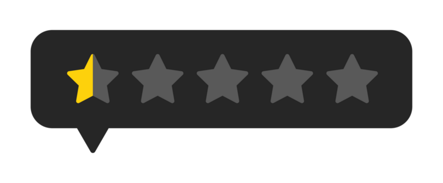 Half star rating icon in chat bubble, very poor customer feedback and lowest review score design symbol, PNG with transparent background